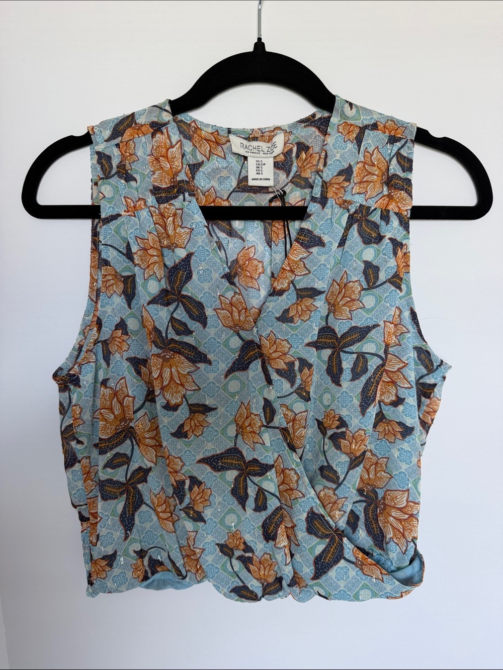 Rachel Zoe Light Blue Floral Sleeveless Wrap Tank NWT small